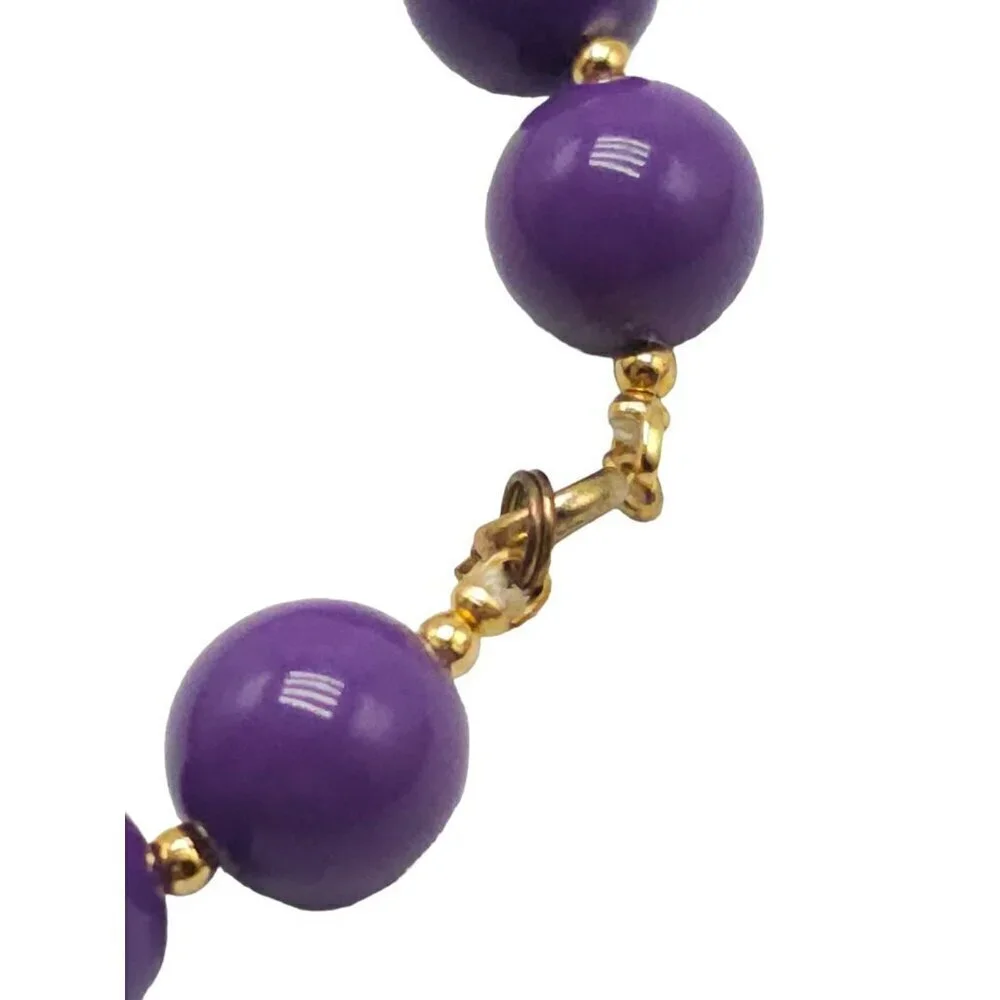 Genuine Lucite Dark Purple Beaded Statement Choker Necklace Gold Tone VTG